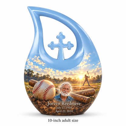 Cross Drop baseball memorial urn with the source-listed 10-inch large size.