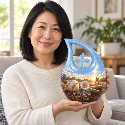 An adult holding the Cross Drop baseball memorial urn, with its personalized artwork visible.
