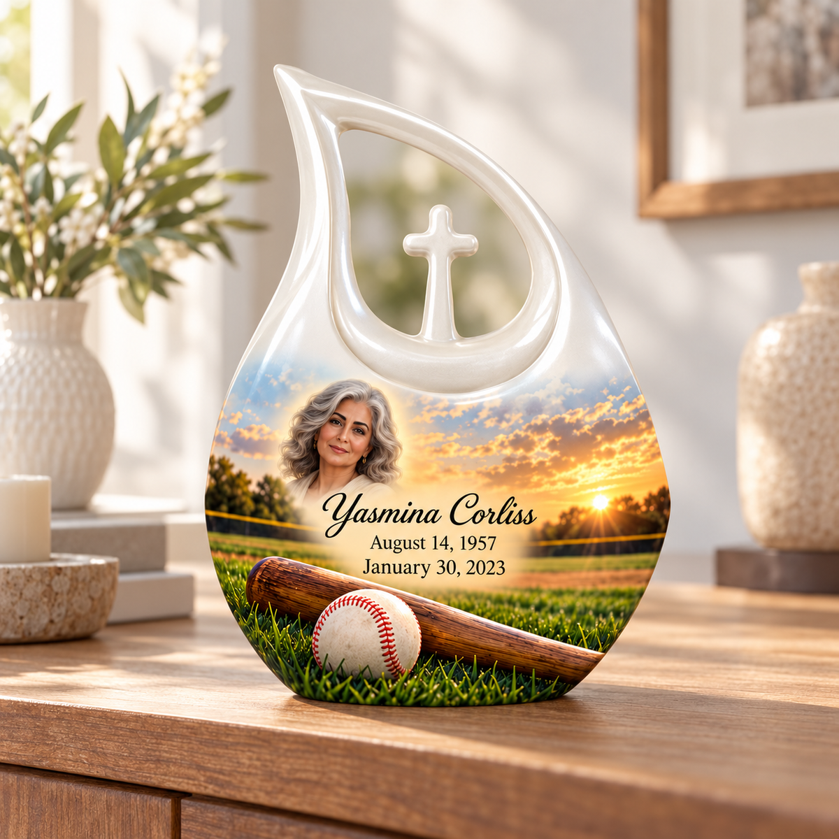 Cross Drop baseball memorial urn in a natural home setting.
