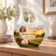 Cross Drop baseball memorial urn in a natural home setting.