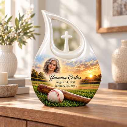 Cross Drop baseball memorial urn in a natural home setting.