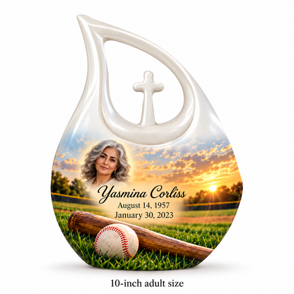 Cross Drop baseball memorial urn with the source-listed 10-inch large size.