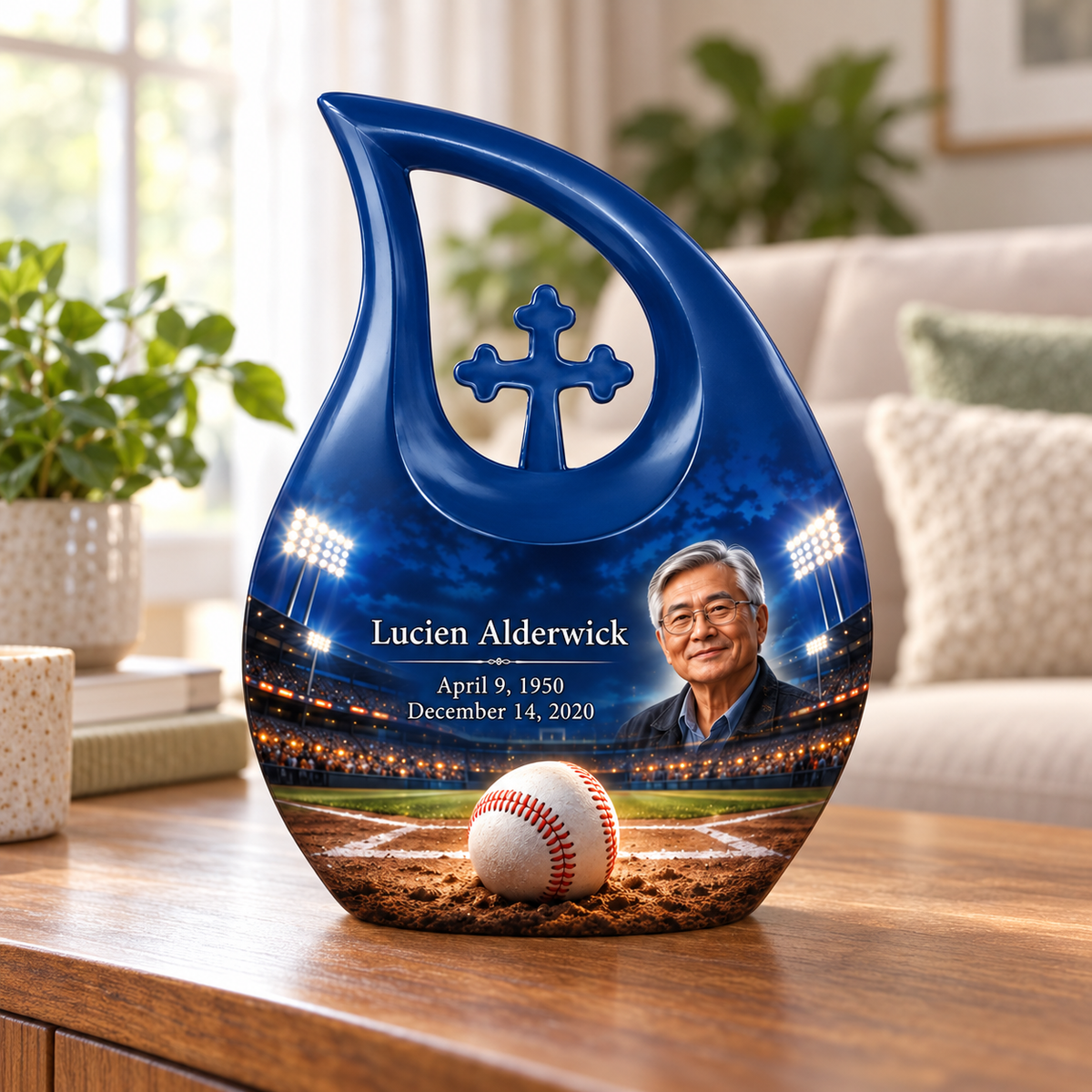 Cross Drop baseball memorial urn in a natural home setting.