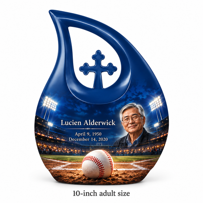 Cross Drop baseball memorial urn with the source-listed 10-inch large size.