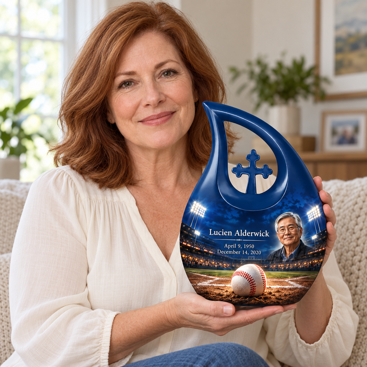 An adult holding the Cross Drop baseball memorial urn, with its personalized artwork visible.