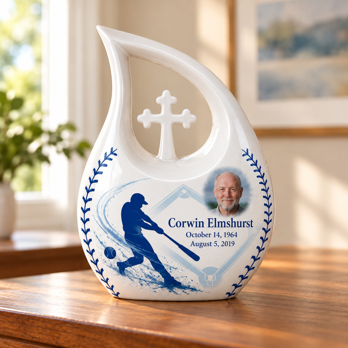 Cross Drop baseball memorial urn in a natural home setting.