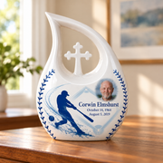 Cross Drop baseball memorial urn in a natural home setting.