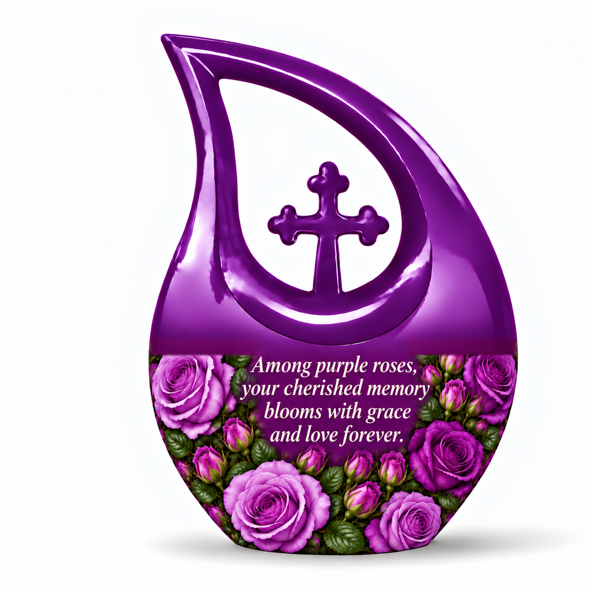 Purple rose C-DROP adult urn on white; memorial quote