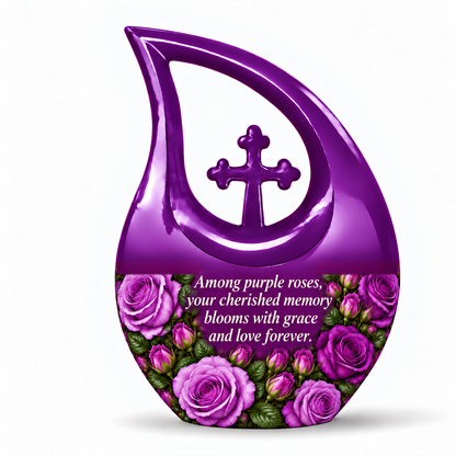 Purple rose C-DROP adult urn on white; memorial quote