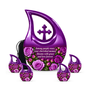 Purple rose C-DROP adult urn with four keepsakes; memorial quote