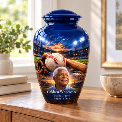 Classic baseball memorial urn in a natural home setting.