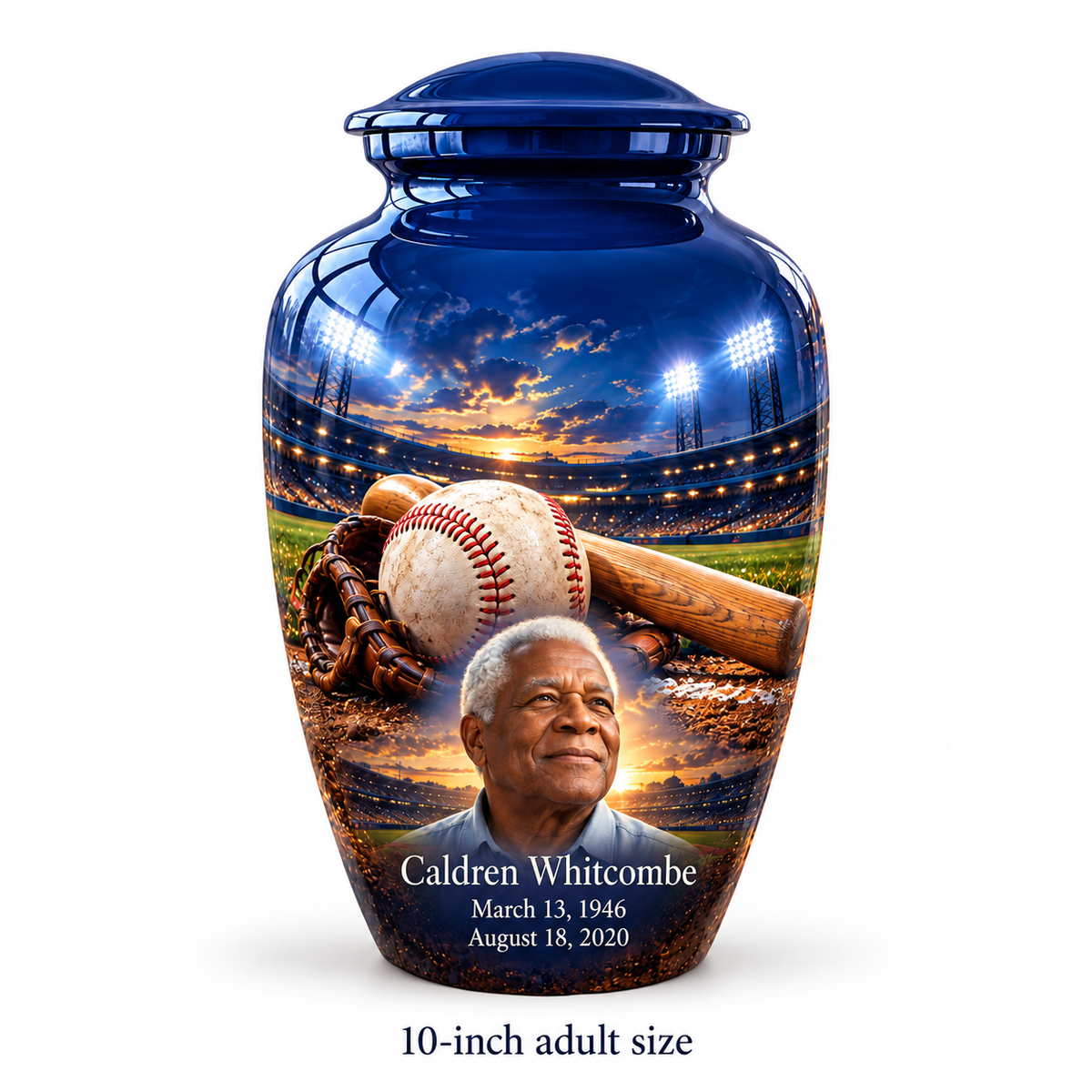 Classic baseball memorial urn with the source-listed 10-inch large size.