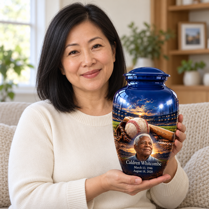 An adult holding the Classic baseball memorial urn, with its personalized artwork visible.