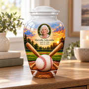 Classic baseball memorial urn in a natural home setting.