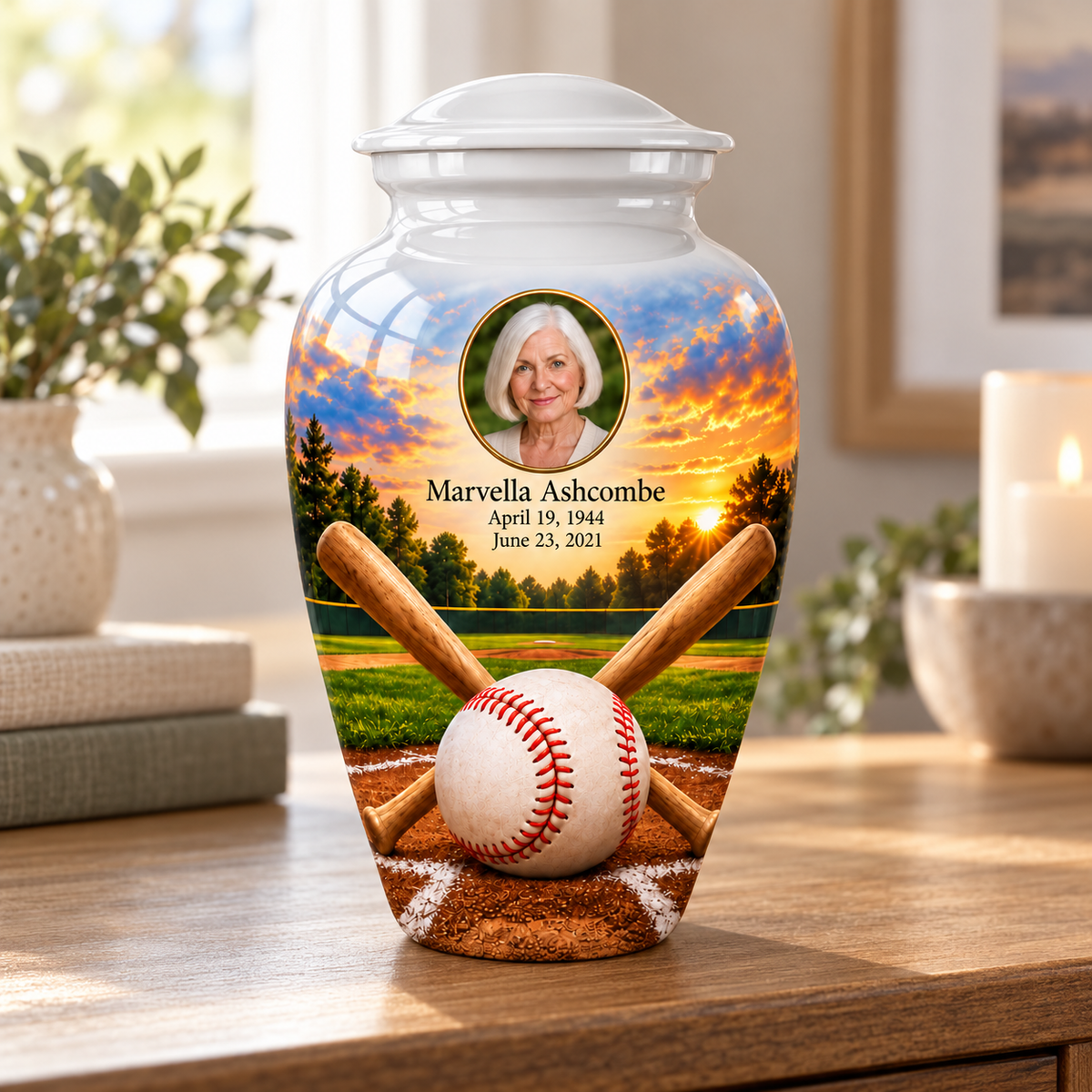 Classic baseball memorial urn in a natural home setting.