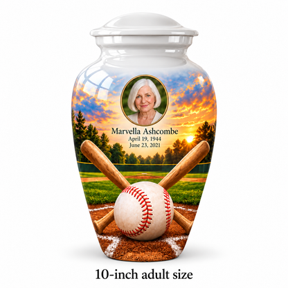 Classic baseball memorial urn with the source-listed 10-inch large size.
