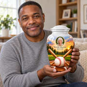 An adult holding the Classic baseball memorial urn, with its personalized artwork visible.
