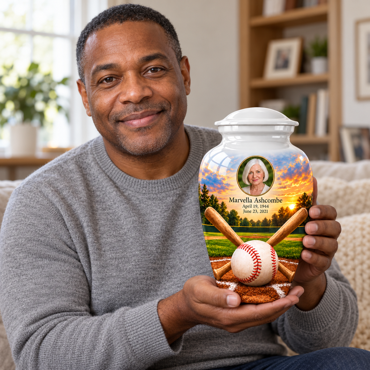 An adult holding the Classic baseball memorial urn, with its personalized artwork visible.