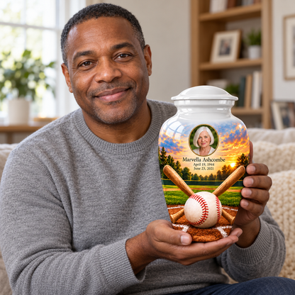 An adult holding the Classic baseball memorial urn, with its personalized artwork visible.