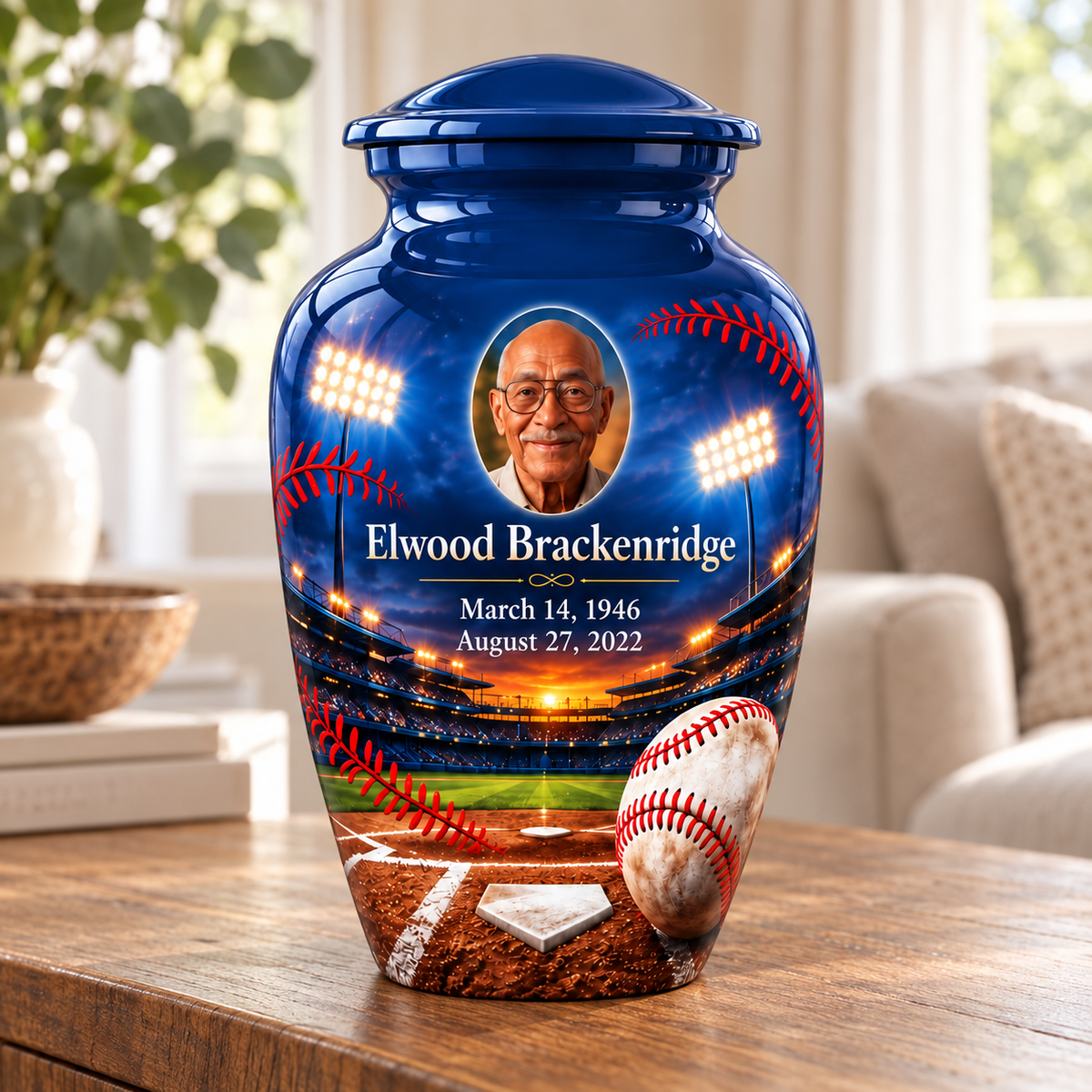 Classic baseball memorial urn in a natural home setting.