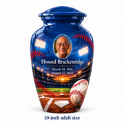 Classic baseball memorial urn with the source-listed 10-inch large size.