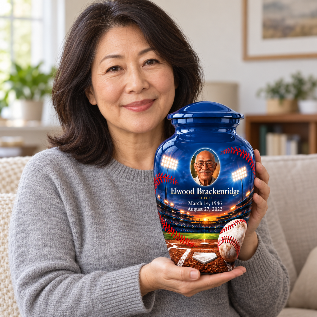 An adult holding the Classic baseball memorial urn, with its personalized artwork visible.