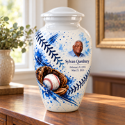Classic baseball memorial urn in a natural home setting.