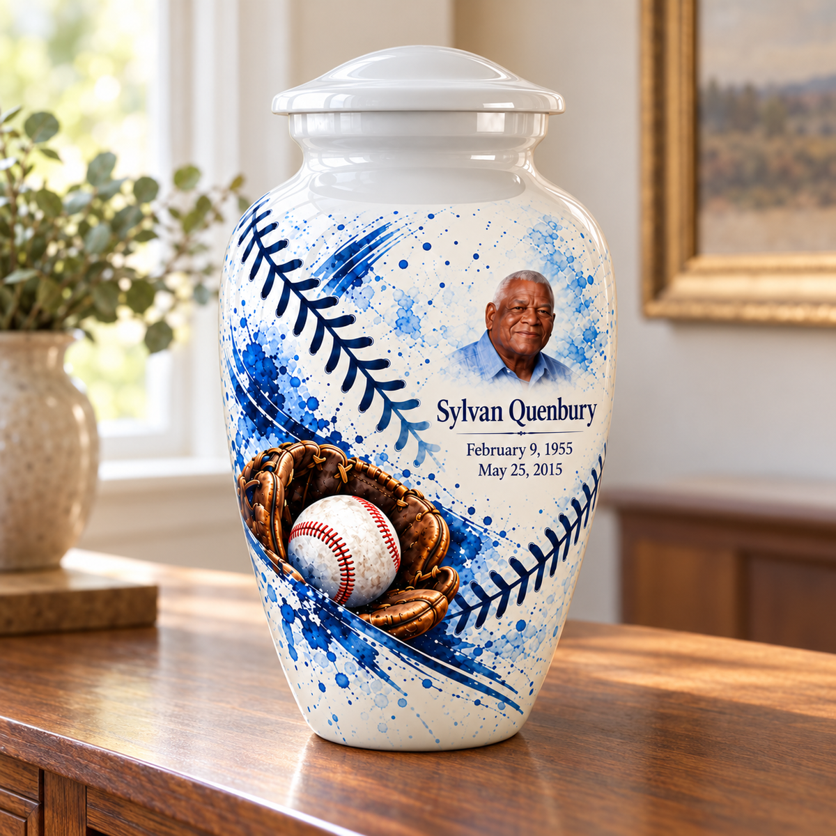 Classic baseball memorial urn in a natural home setting.