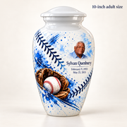 Classic baseball memorial urn with the source-listed 10-inch large size.