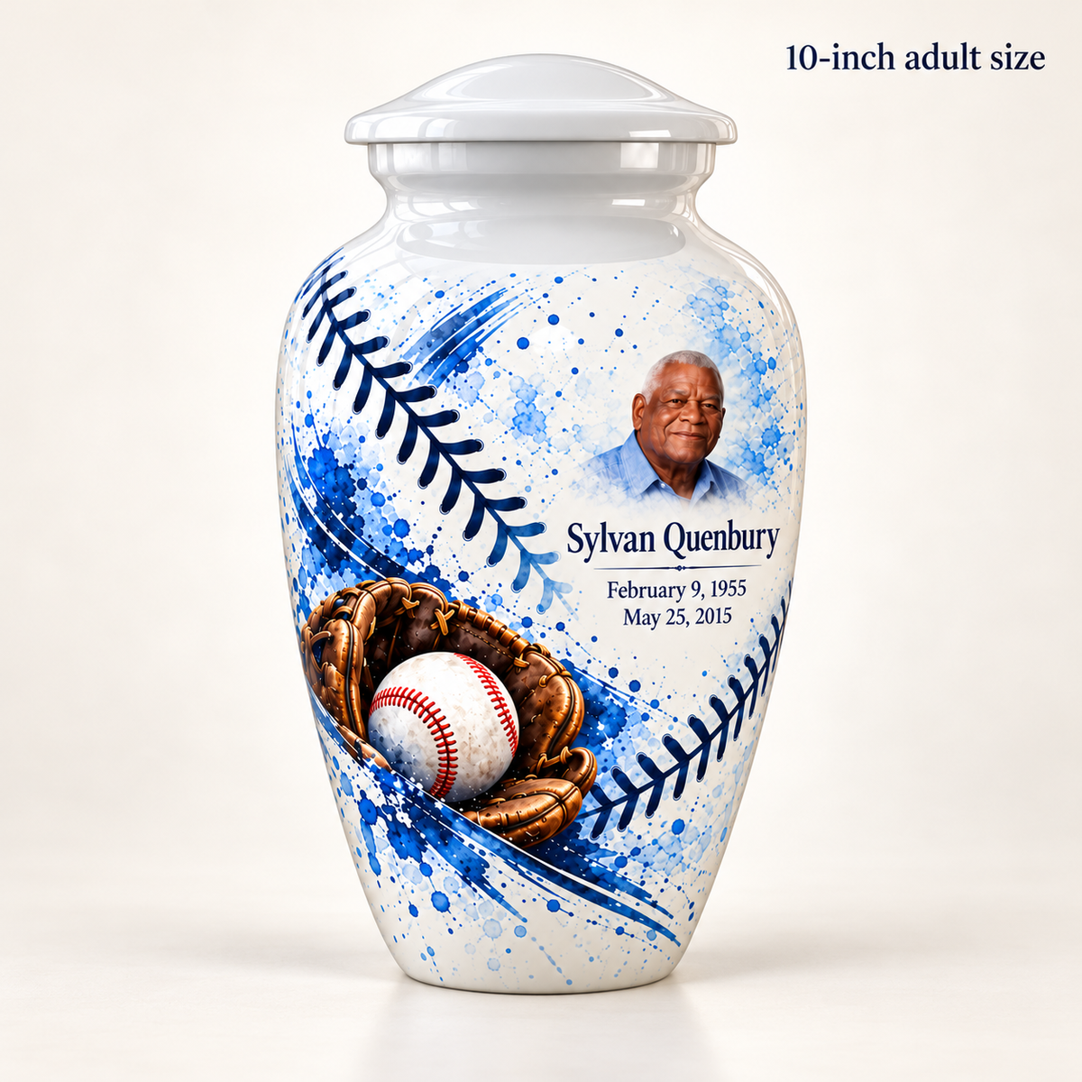 Classic baseball memorial urn with the source-listed 10-inch large size.