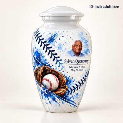 Classic baseball memorial urn with the source-listed 10-inch large size.
