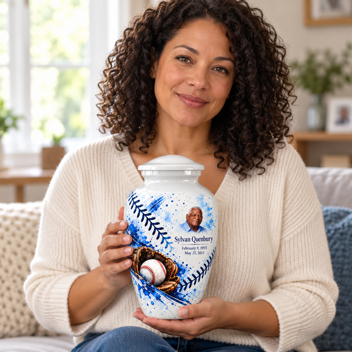 An adult holding the Classic baseball memorial urn, with its personalized artwork visible.