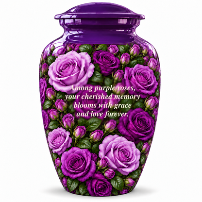 Purple rose CLS adult urn on white; memorial quote