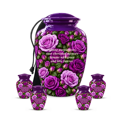 Purple rose CLS adult urn with four keepsakes; memorial quote