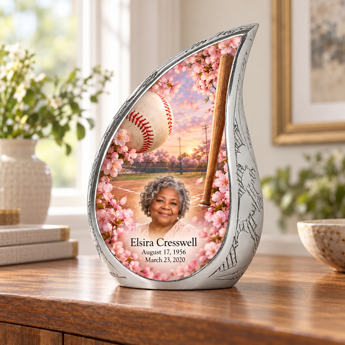 Curved Drop baseball memorial urn in a natural home setting.
