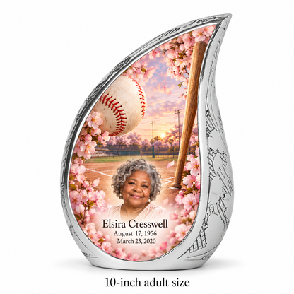 Curved Drop baseball memorial urn with the source-listed 10-inch large size.