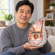 An adult holding the Curved Drop baseball memorial urn, with its personalized artwork visible.