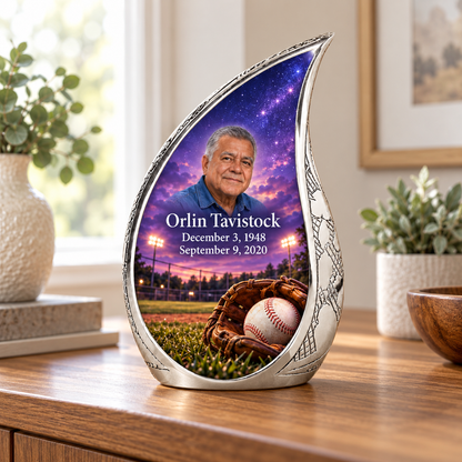 Curved Drop baseball memorial urn in a natural home setting.