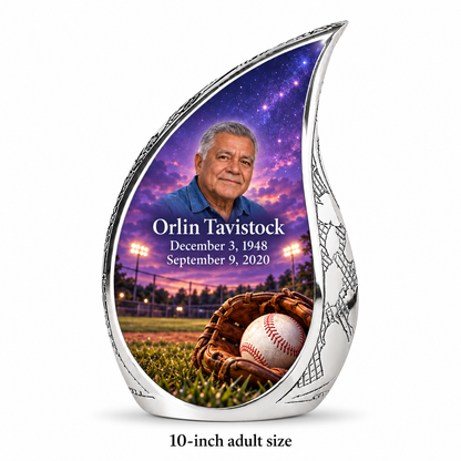Curved Drop baseball memorial urn with the source-listed 10-inch large size.