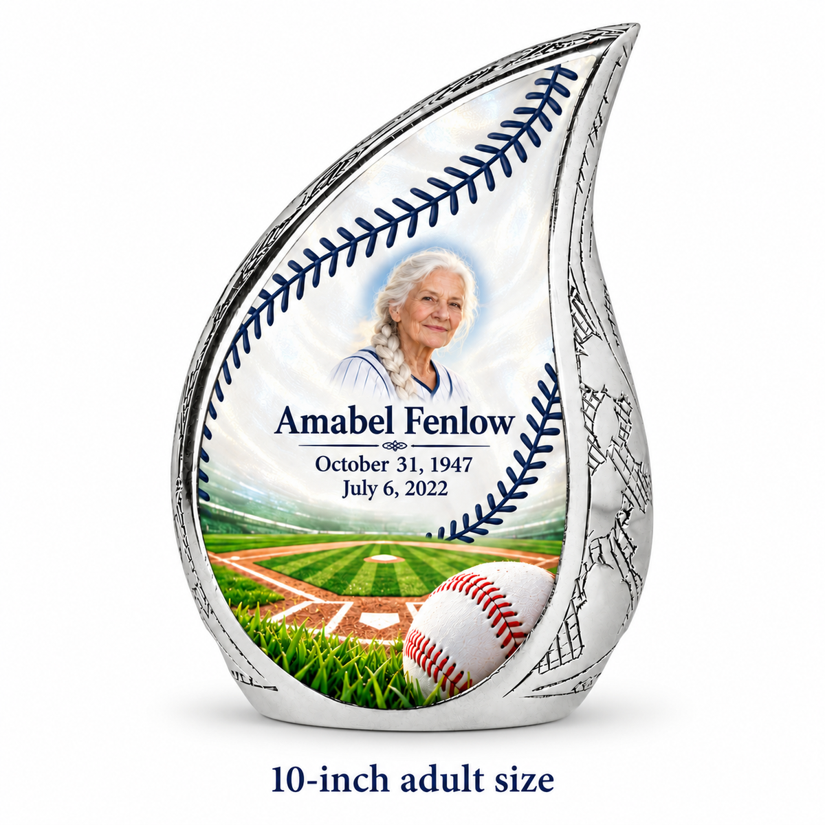 Curved Drop baseball memorial urn with the source-listed 10-inch large size.