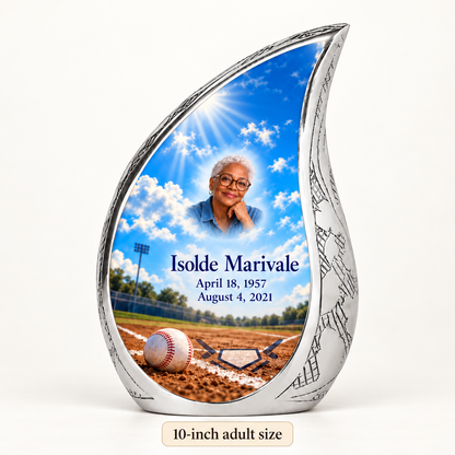 Curved Drop baseball memorial urn with the source-listed 10-inch large size.