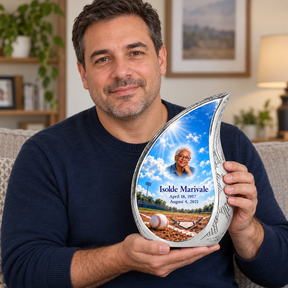 An adult holding the Curved Drop baseball memorial urn, with its personalized artwork visible.