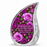 Purple rose DROP adult urn on white; memorial quote