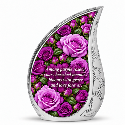 Purple rose DROP adult urn on white; memorial quote