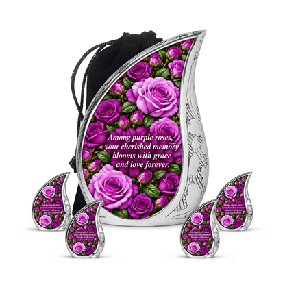 Purple rose DROP adult urn with four keepsakes; memorial quote