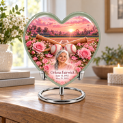 Heart baseball memorial urn in a natural home setting.