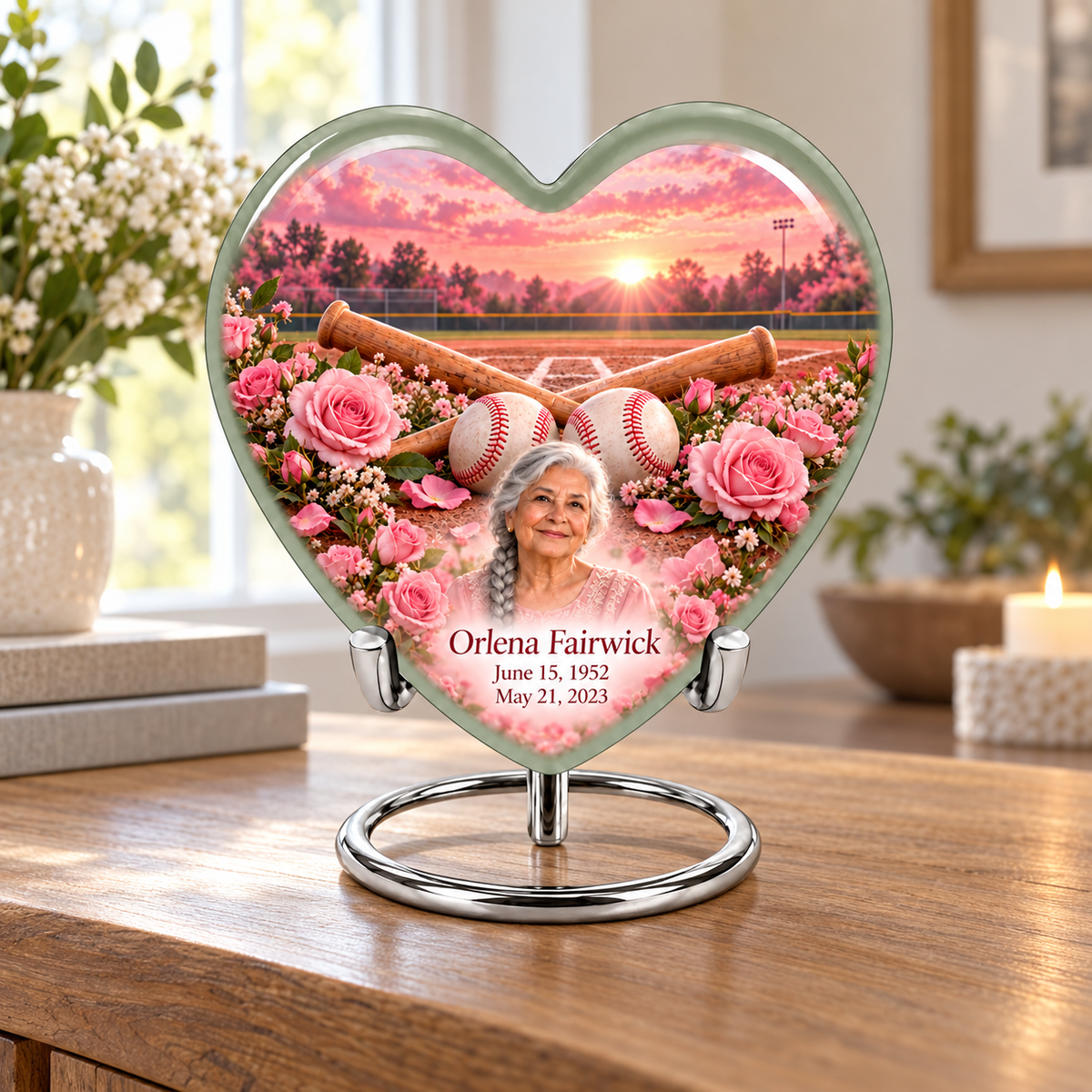 Heart baseball memorial urn in a natural home setting.