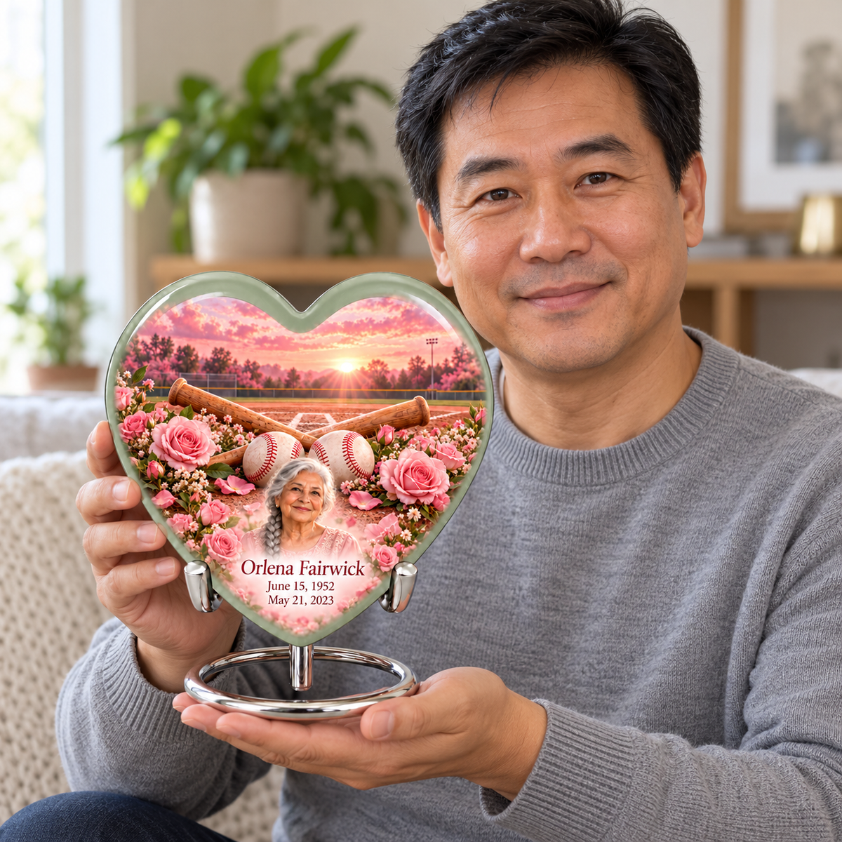 An adult holding the Heart baseball memorial urn, with its personalized artwork visible.