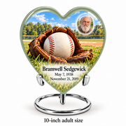 Heart baseball memorial urn with the source-listed 10-inch large size.