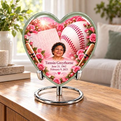 Heart baseball memorial urn in a natural home setting.
